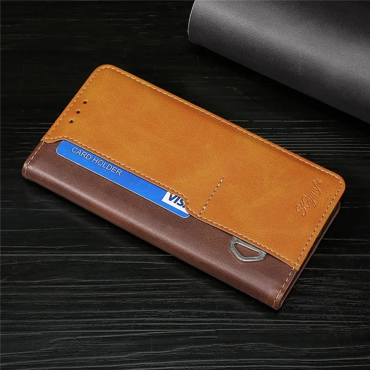 For iPhone 15 Pro Max Dual-color PU Leather Phone Case Stand Magnetic Closure Wallet Cover - Dark Brown+Gold