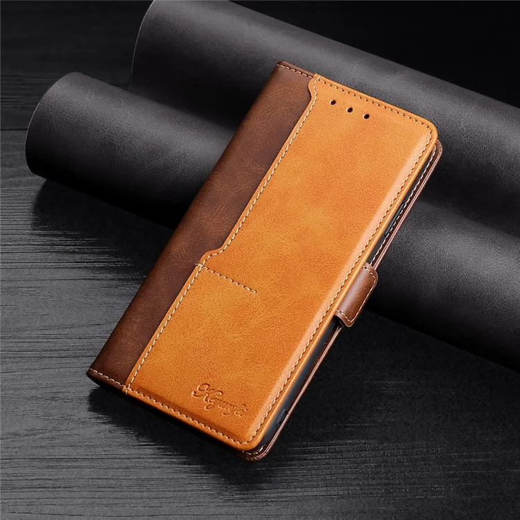 For iPhone 15 Pro Max Dual-color PU Leather Phone Case Stand Magnetic Closure Wallet Cover - Dark Brown+Gold