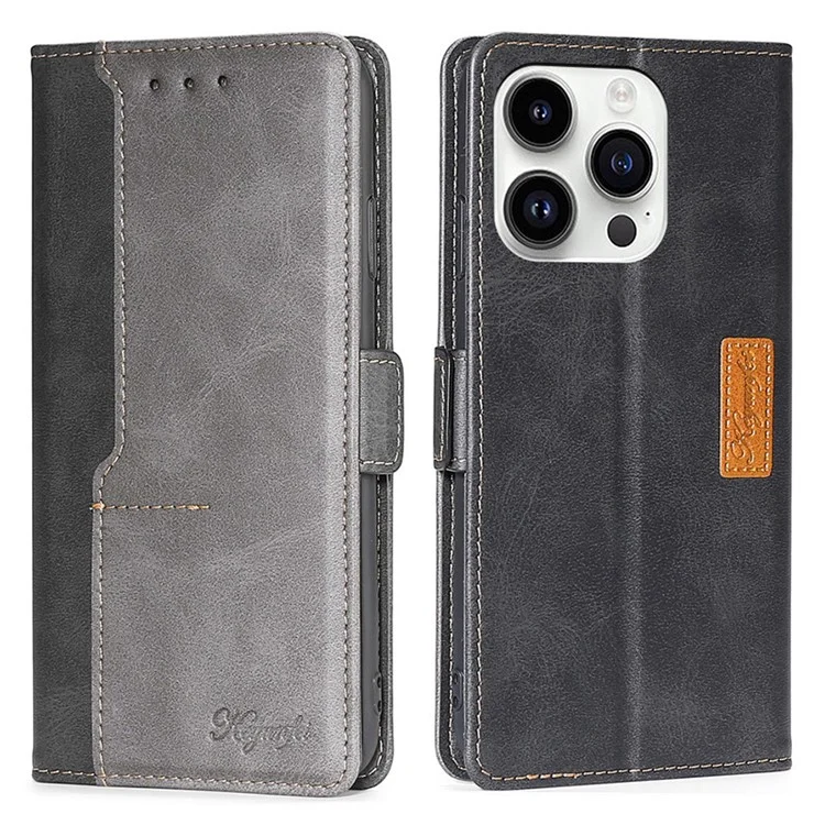 Para iPhone 15 Pro Max Dual-color PU Leather Phone Case Stand Magnetic Closure Wallet Cover - Black+Grey