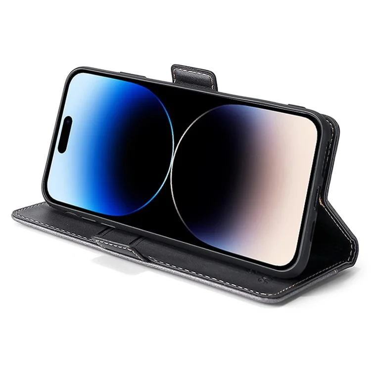Para iPhone 15 Pro Max Dual-color PU Leather Phone Case Stand Magnetic Closure Wallet Cover - Black+Grey