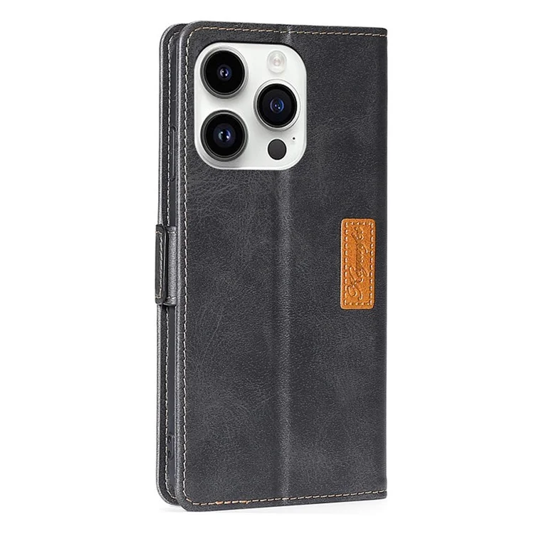 Para iPhone 15 Pro Max Dual-color PU Leather Phone Case Stand Magnetic Closure Wallet Cover - Black+Grey