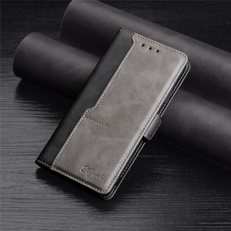 Para iPhone 15 Pro Max Dual-color PU Leather Phone Case Stand Magnetic Closure Wallet Cover - Black+Grey