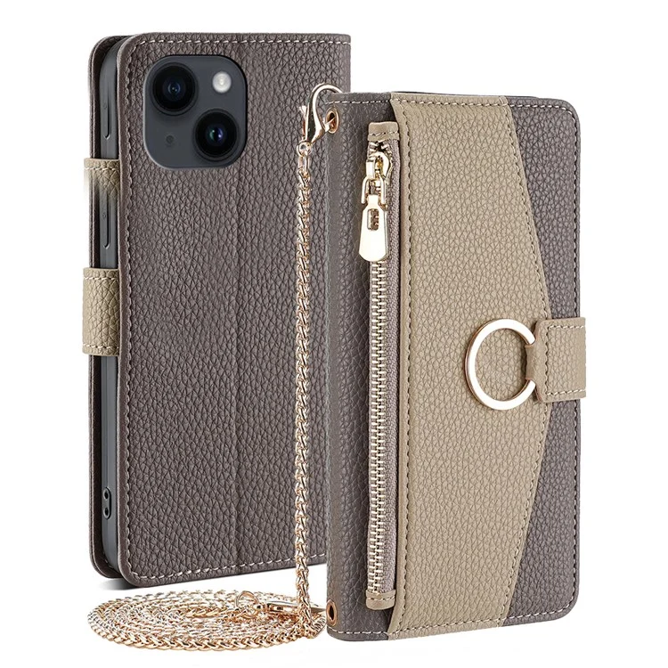 Per iPhone 15 Plus Ring Holder Cell Phone Case PU Leather Wallet Stand Cover con specchio per il trucco / tracolla - Grigio