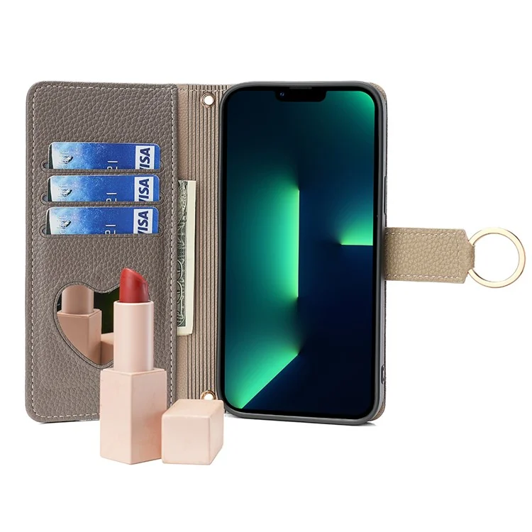 Per iPhone 15 Plus Ring Holder Cell Phone Case PU Leather Wallet Stand Cover con specchio per il trucco / tracolla - Grigio