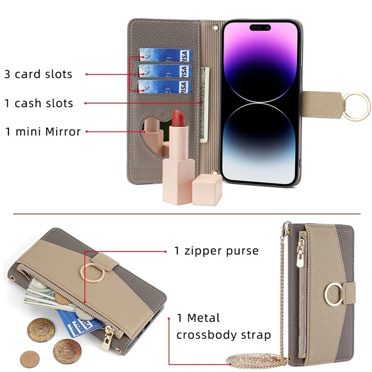 Per iPhone 15 Plus Ring Holder Cell Phone Case PU Leather Wallet Stand Cover con specchio per il trucco / tracolla - Grigio