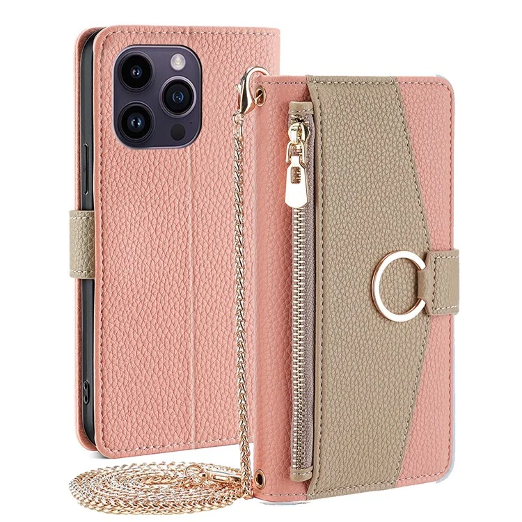 For iPhone 15 Pro Max PU Leather Wallet Case Stand Ring Holder Protective Phone Cover with Makeup Mirror / Shoulder Strap - Pink