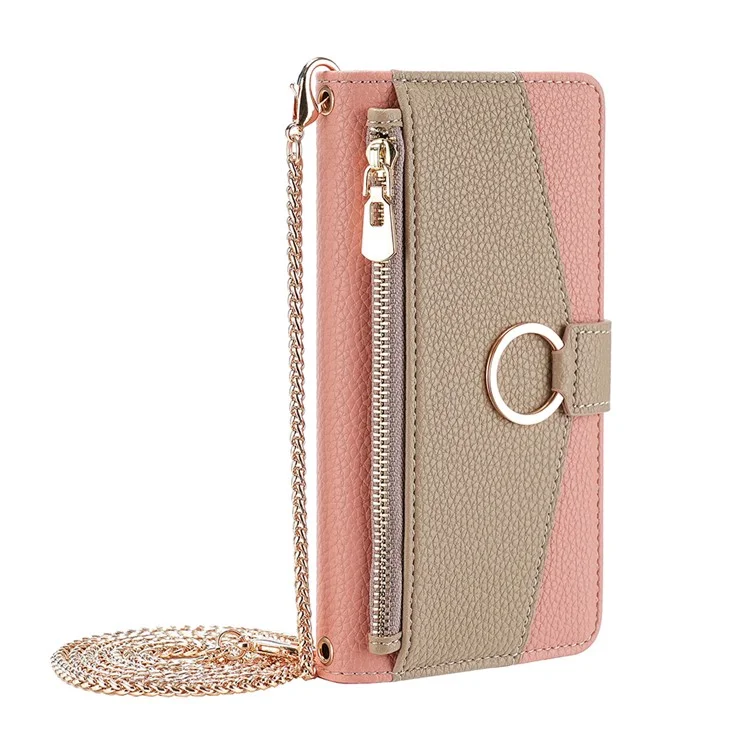For iPhone 15 Pro Max PU Leather Wallet Case Stand Ring Holder Protective Phone Cover with Makeup Mirror / Shoulder Strap - Pink