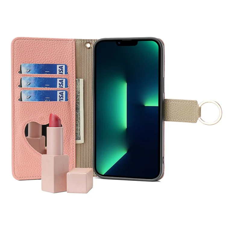 For iPhone 15 Pro Max PU Leather Wallet Case Stand Ring Holder Protective Phone Cover with Makeup Mirror / Shoulder Strap - Pink