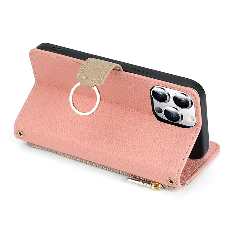 For iPhone 15 Pro Max PU Leather Wallet Case Stand Ring Holder Protective Phone Cover with Makeup Mirror / Shoulder Strap - Pink