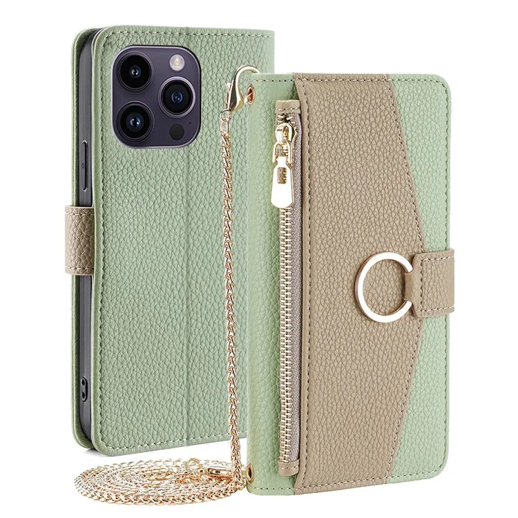 For iPhone 15 Pro PU Leather Ring Holder Phone Case Wallet Stand Full Protection Cover with Makeup Mirror / Shoulder Strap - Green
