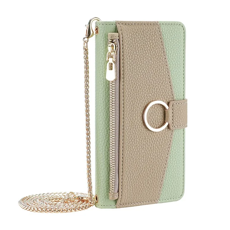 For iPhone 15 Pro PU Leather Ring Holder Phone Case Wallet Stand Full Protection Cover with Makeup Mirror / Shoulder Strap - Green
