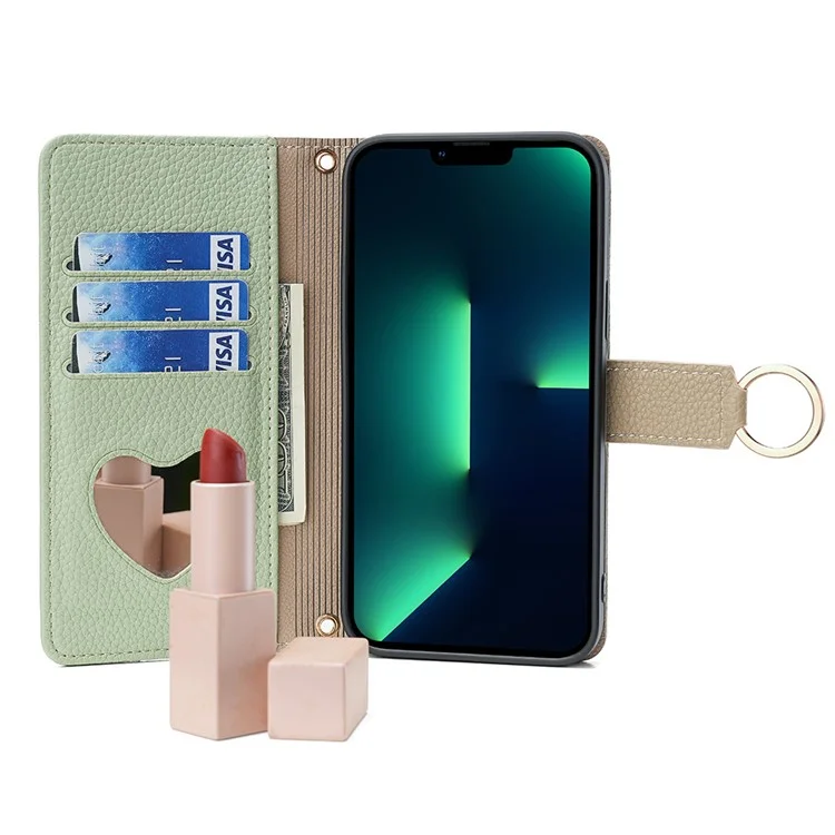 For iPhone 15 Pro PU Leather Ring Holder Phone Case Wallet Stand Full Protection Cover with Makeup Mirror / Shoulder Strap - Green