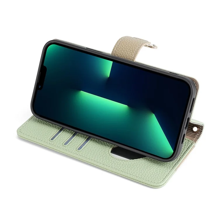 For iPhone 15 Pro PU Leather Ring Holder Phone Case Wallet Stand Full Protection Cover with Makeup Mirror / Shoulder Strap - Green