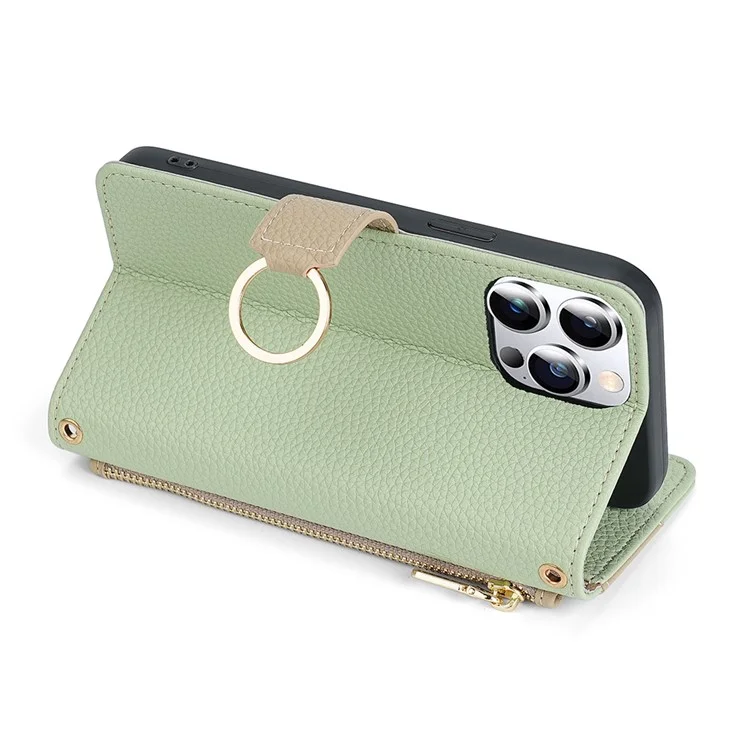 For iPhone 15 Pro PU Leather Ring Holder Phone Case Wallet Stand Full Protection Cover with Makeup Mirror / Shoulder Strap - Green