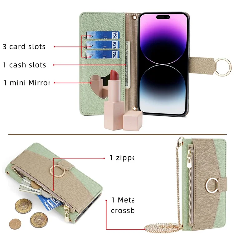 For iPhone 15 Pro PU Leather Ring Holder Phone Case Wallet Stand Full Protection Cover with Makeup Mirror / Shoulder Strap - Green