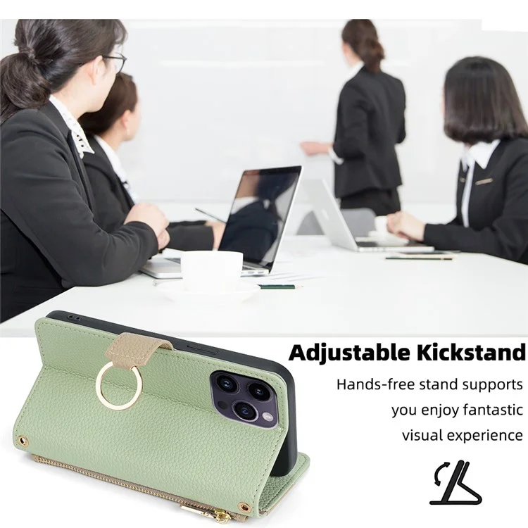 For iPhone 15 Pro PU Leather Ring Holder Phone Case Wallet Stand Full Protection Cover with Makeup Mirror / Shoulder Strap - Green