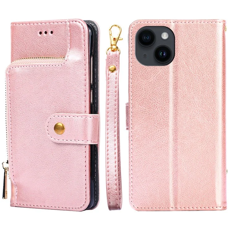Wallet Leather Phone Case for iPhone 15 Plus , Stand Zipper Pocket Cell Phone Cover with Strap - Rose Gold