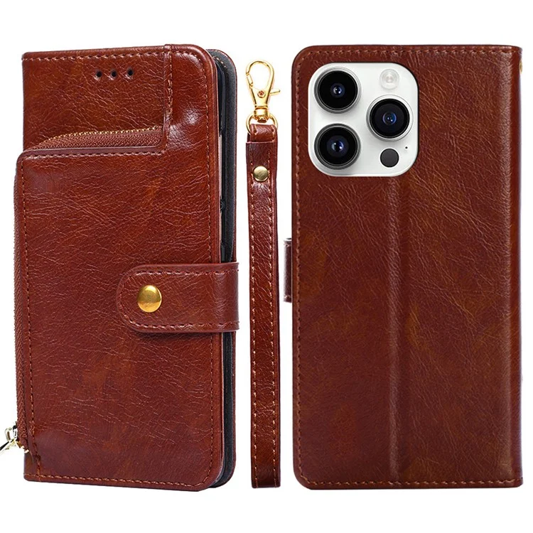 Zipper Pocket Wallet Phone Cover für iPhone 15 Pro, Stand PU Lederetui mit Trageriemen - Braun