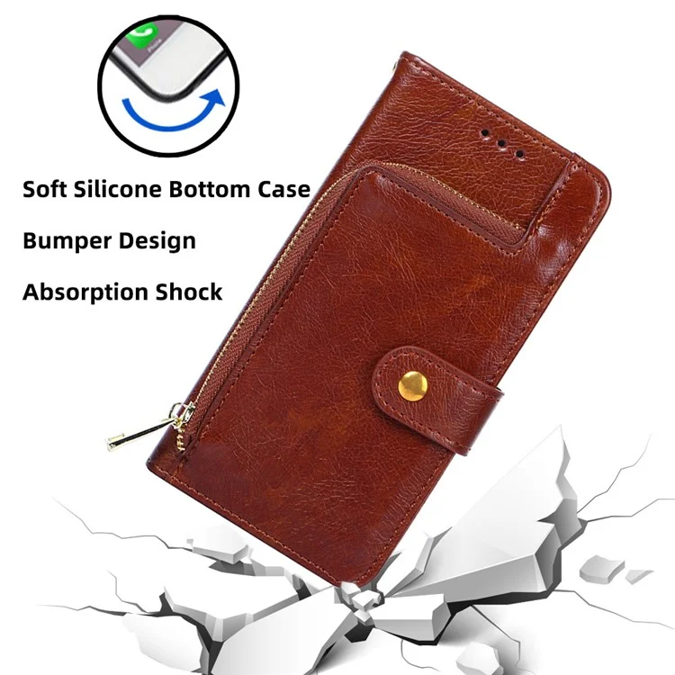 Zipper Pocket Wallet Phone Cover für iPhone 15 Pro, Stand PU Lederetui mit Trageriemen - Braun