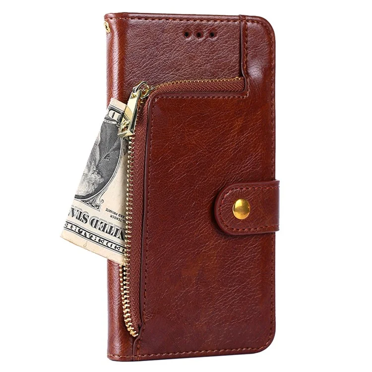 Zipper Pocket Wallet Phone Cover für iPhone 15 Pro, Stand PU Lederetui mit Trageriemen - Braun