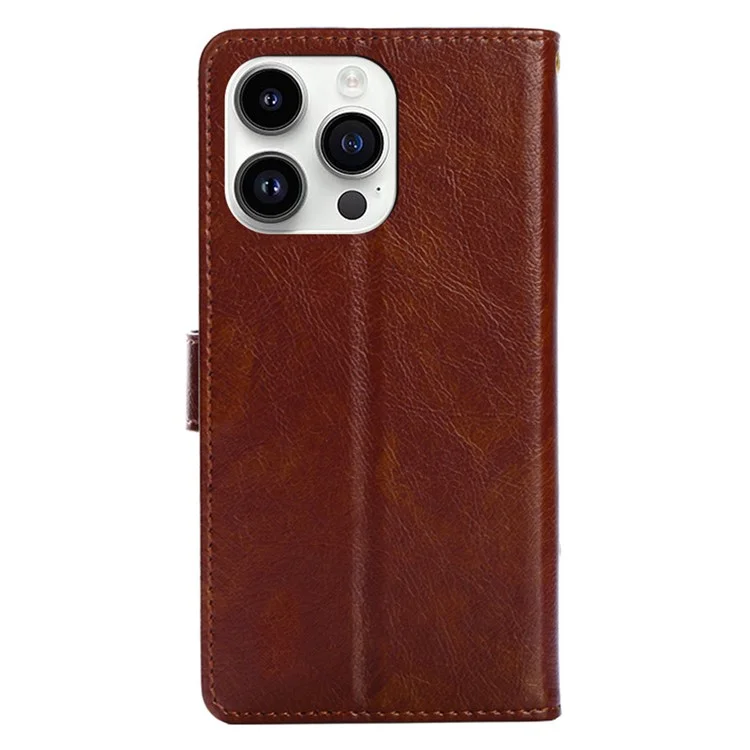 Zipper Pocket Wallet Phone Cover für iPhone 15 Pro, Stand PU Lederetui mit Trageriemen - Braun