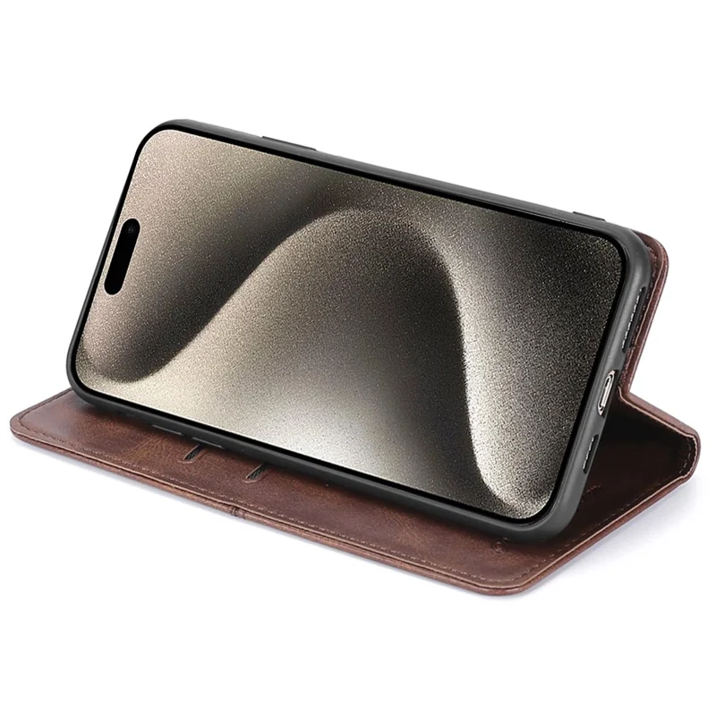 For iPhone 15 Cowhide Texture Phone Cover PU Leather Card Holder Flip Stand Case - Dark Brown