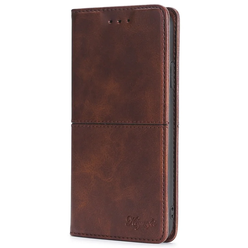 For iPhone 15 Cowhide Texture Phone Cover PU Leather Card Holder Flip Stand Case - Dark Brown
