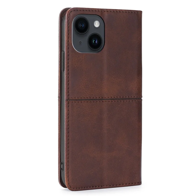 For iPhone 15 Cowhide Texture Phone Cover PU Leather Card Holder Flip Stand Case - Dark Brown