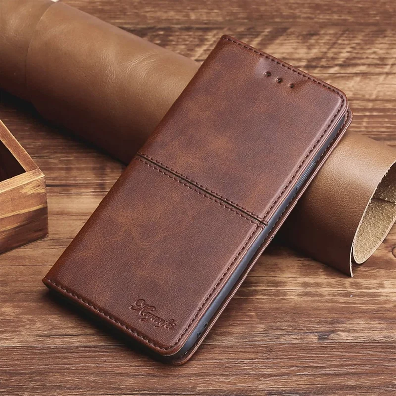 For iPhone 15 Cowhide Texture Phone Cover PU Leather Card Holder Flip Stand Case - Dark Brown
