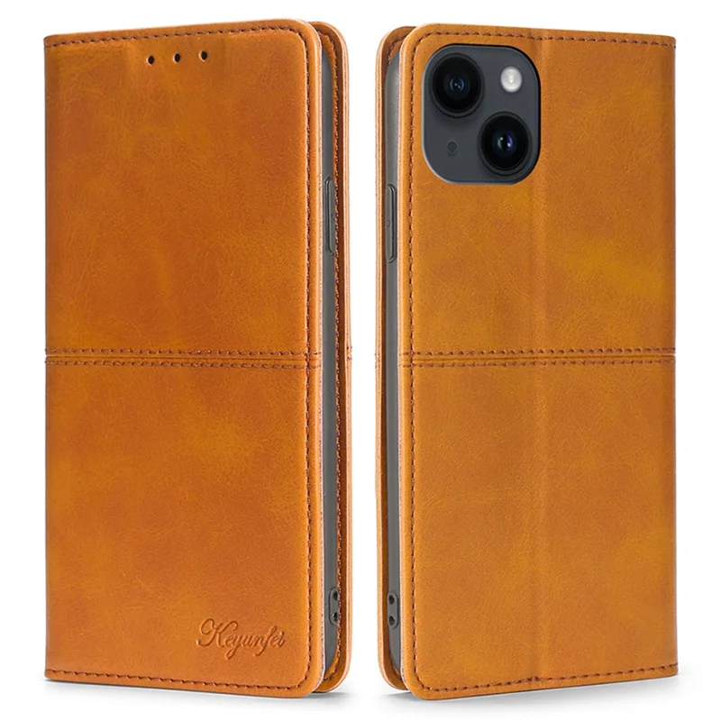 For iPhone 15 Cowhide Texture Phone Cover PU Leather Card Holder Flip Stand Case - Light Brown