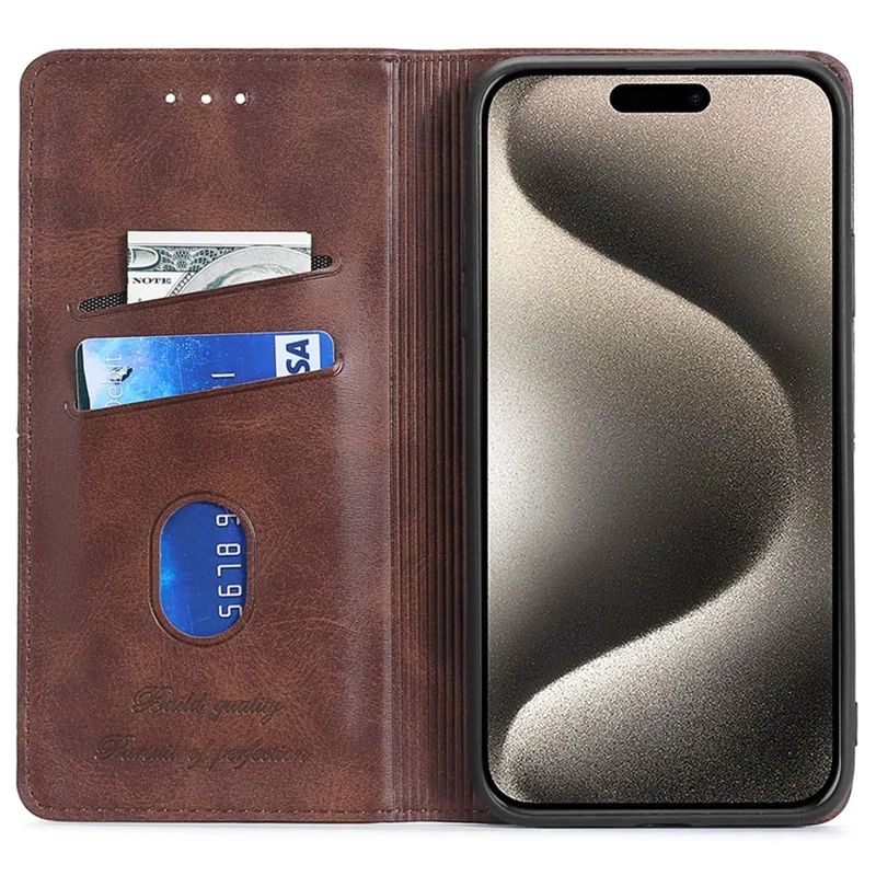 For iPhone 15 Cowhide Texture Phone Cover PU Leather Card Holder Flip Stand Case - Light Brown