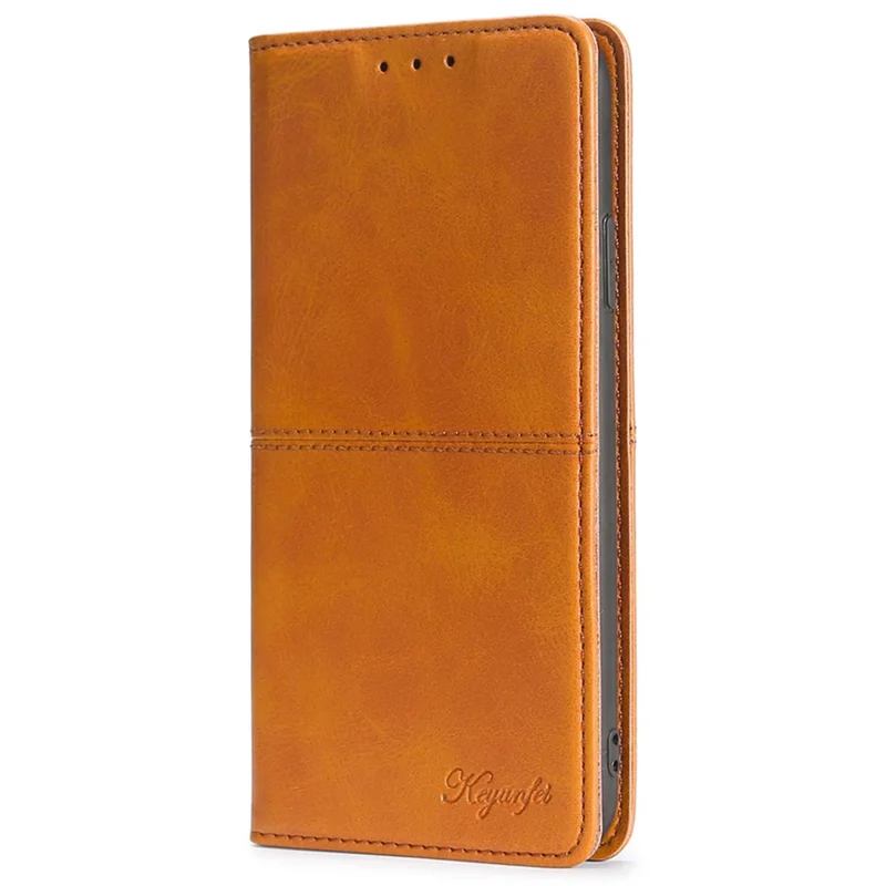 For iPhone 15 Cowhide Texture Phone Cover PU Leather Card Holder Flip Stand Case - Light Brown