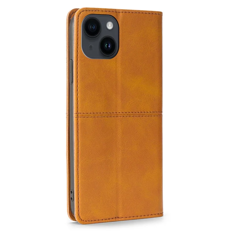 For iPhone 15 Cowhide Texture Phone Cover PU Leather Card Holder Flip Stand Case - Light Brown