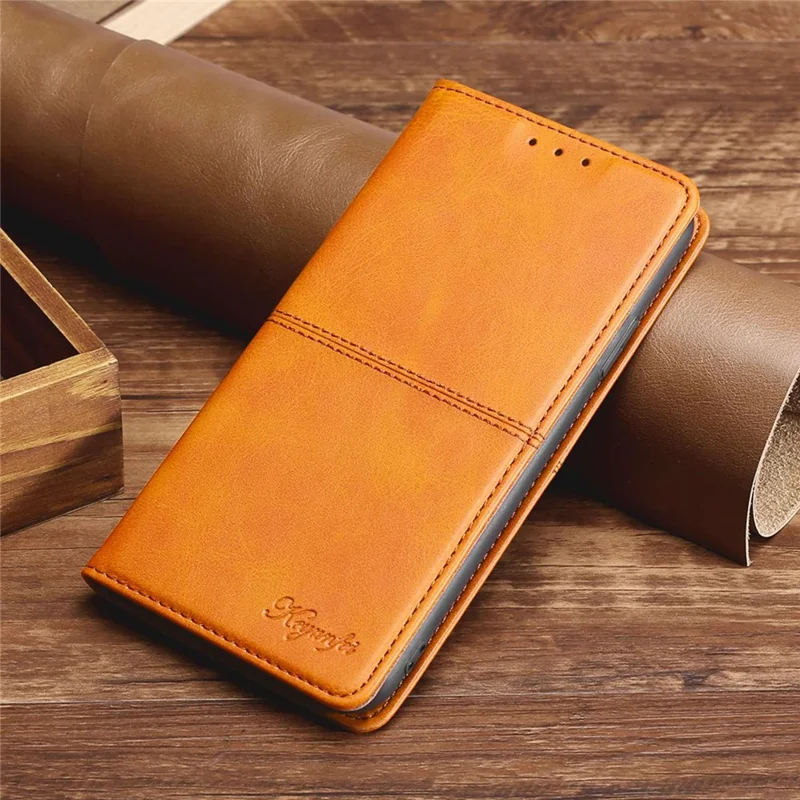 For iPhone 15 Cowhide Texture Phone Cover PU Leather Card Holder Flip Stand Case - Light Brown