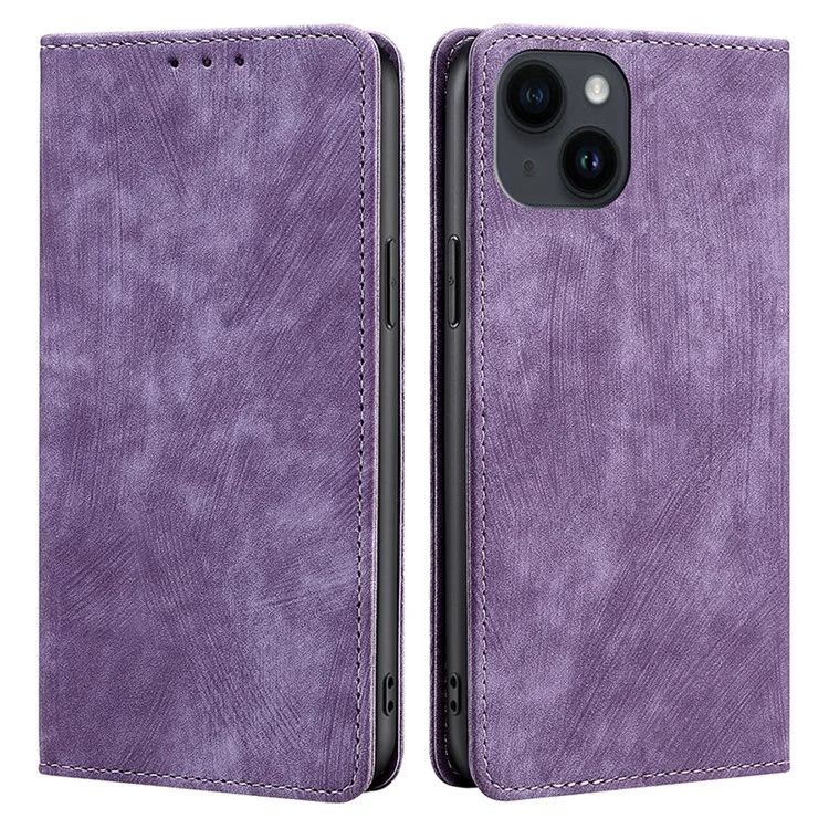Per iPhone 15 Plus RFID Blocking Leather Wallet Phone Case Magnetic Anti-drop Stand Cover - Purple