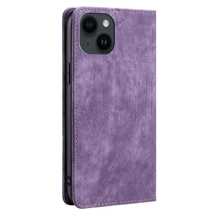 Per iPhone 15 Plus RFID Blocking Leather Wallet Phone Case Magnetic Anti-drop Stand Cover - Purple