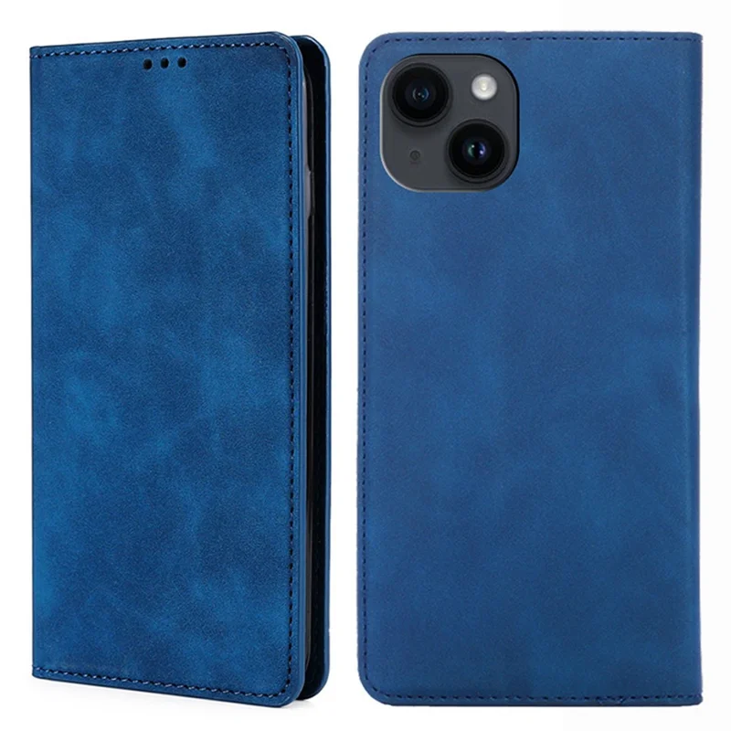 For iPhone 15 Magnetic Auto-absorbed Leather Card Holder Phone Case Skin-touch Flip Stand Cover - Blue