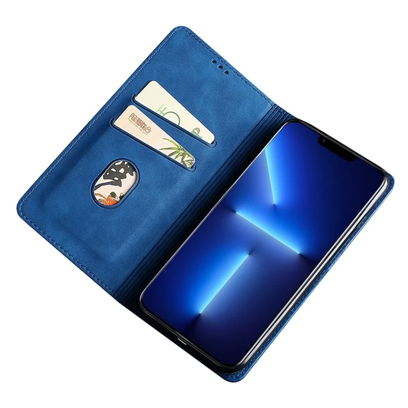 For iPhone 15 Magnetic Auto-absorbed Leather Card Holder Phone Case Skin-touch Flip Stand Cover - Blue