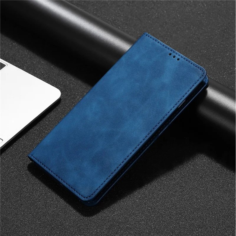 For iPhone 15 Magnetic Auto-absorbed Leather Card Holder Phone Case Skin-touch Flip Stand Cover - Blue