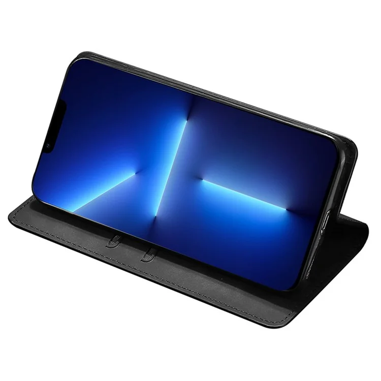 For iPhone 15 Plus Leather Card Holder Stand Cover Magnetic Closing Skin-touch Phone Case - Black