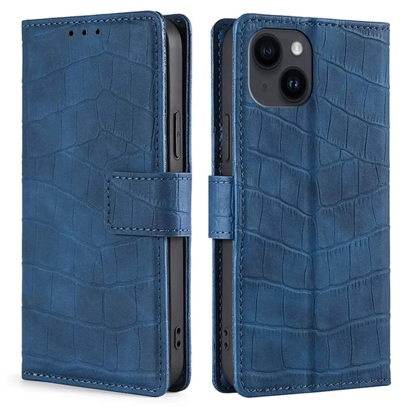 Til iPhone 15 Plus Stødfast Wallet Cover med Hudfølelse PU Læder Krokodillestruktur Telefonbeskyttelse - Blå