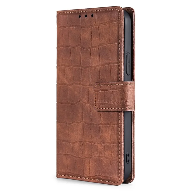 Per iPhone 15 PU Leather Crocodile Texture Phone Case Shockproof Wallet Skin-touch Feeling Stand Flip Cover - Marrone