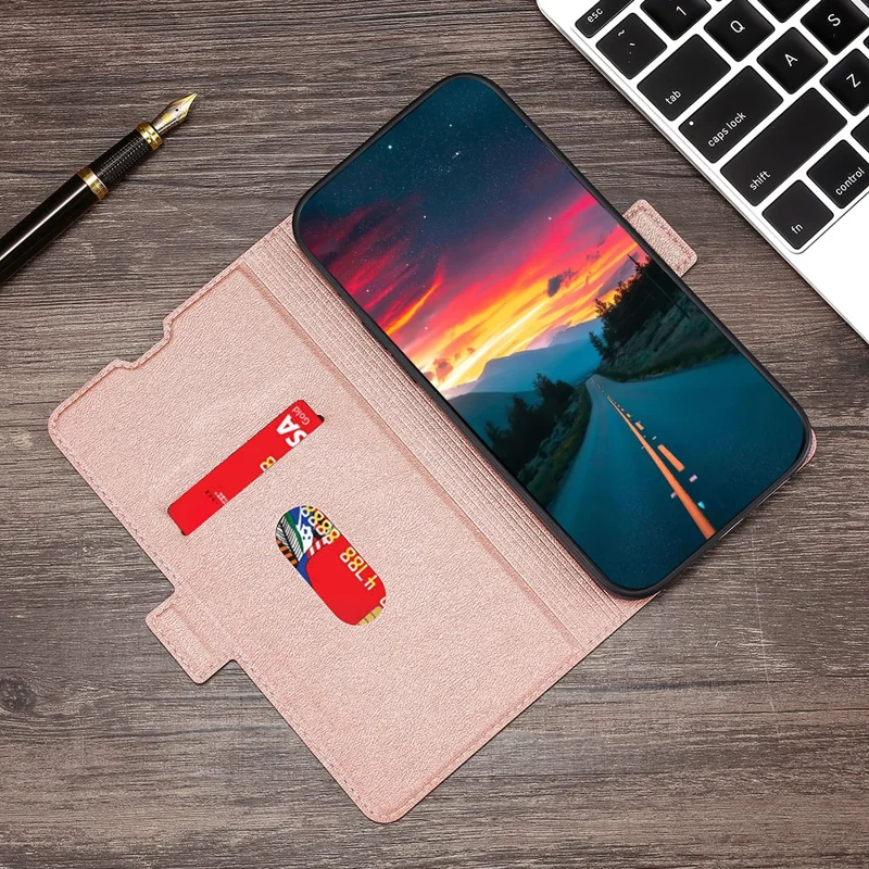 For iPhone 15 Plus TPU+PU Leather Shell Shockproof Card Slot Phone Case Phone Stand Cover - Rose Gold