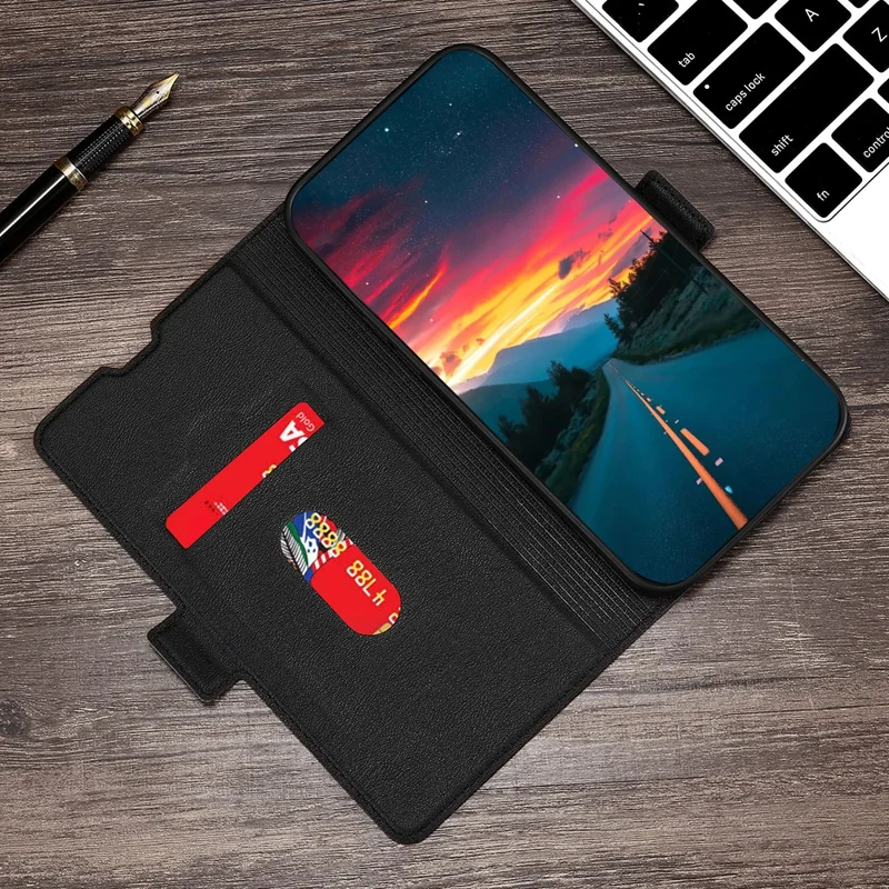For iPhone 15 Card Slot Phone Case TPU+PU Leather Shell Shockproof Phone Stand Cover - Black