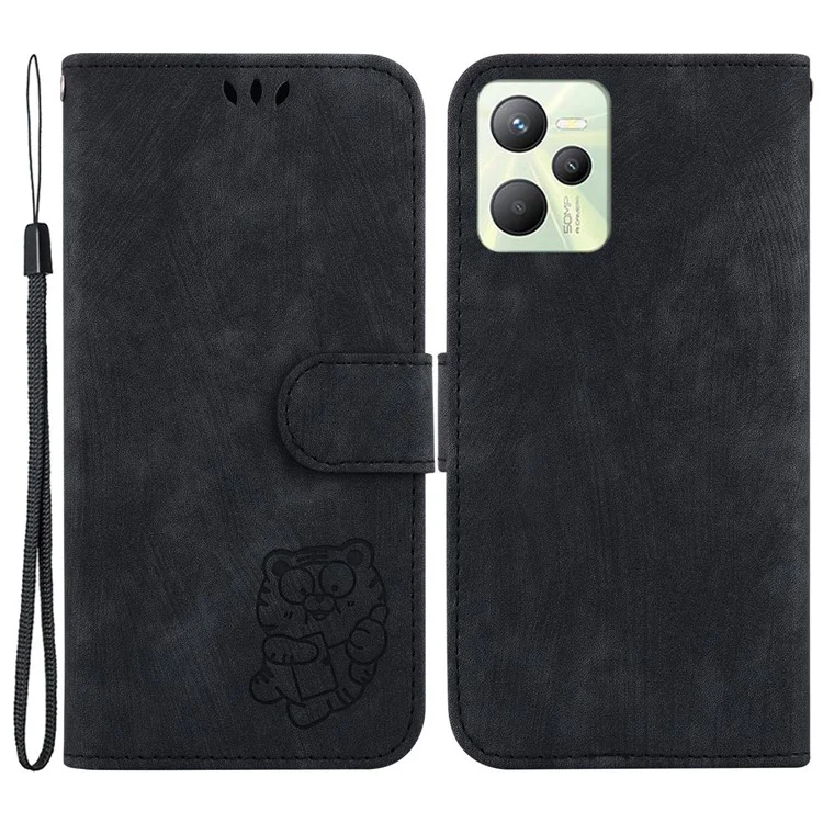 Pour Realme C35 4G Lovely Tiger Imprint Cell Phone Cover PU Leather Wallet Stand Case - Noir
