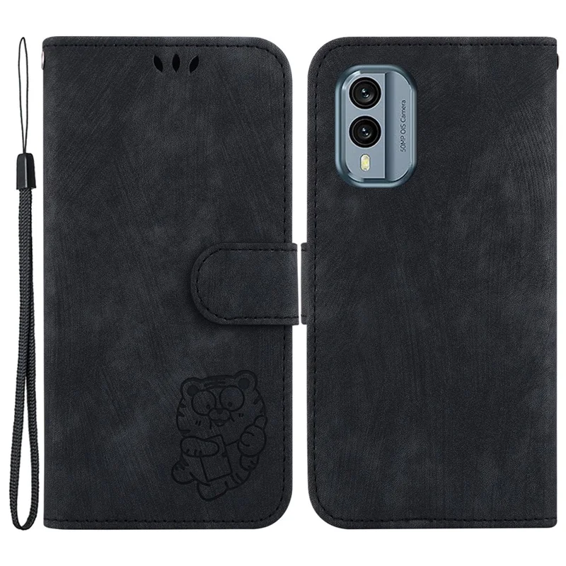 Lovely Tiger Imprint Phone Case for Nokia X30 5G Leather Wallet Stand Anti-shock Shell - Black