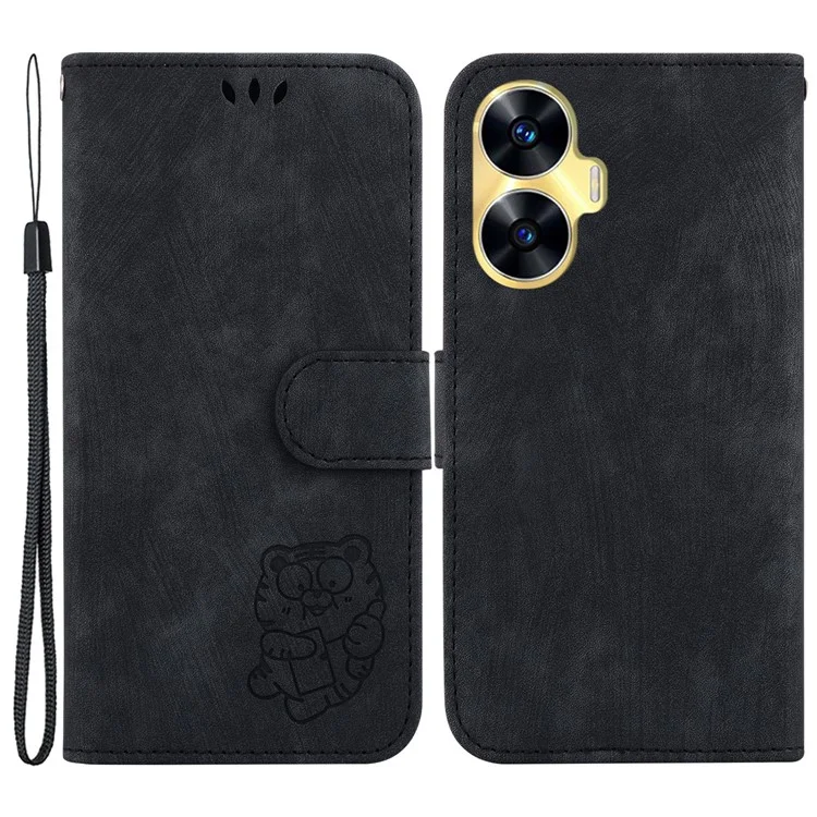 Für Realme C55 stoßabsorbierende süße Tiger-Prägung Flip Cover Lederbrieftasche Ständer Handyhülle - Schwarz