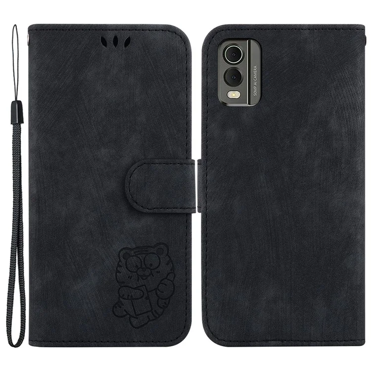 PU Leather+TPU Shell per Nokia C32, Custodia a portafoglio con chiusura magnetica e supporto, motivo tigre - Nero
