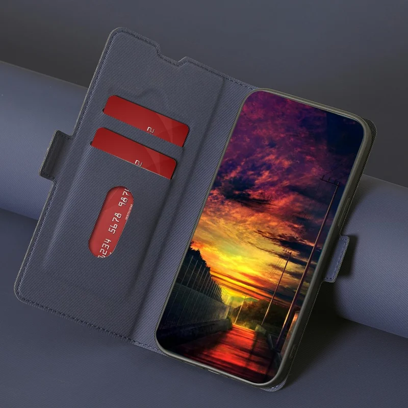 For iPhone 15 Pro Shockproof Phone Cover Card Holder Stand Twill Texture PU Leather Phone Case - Blue