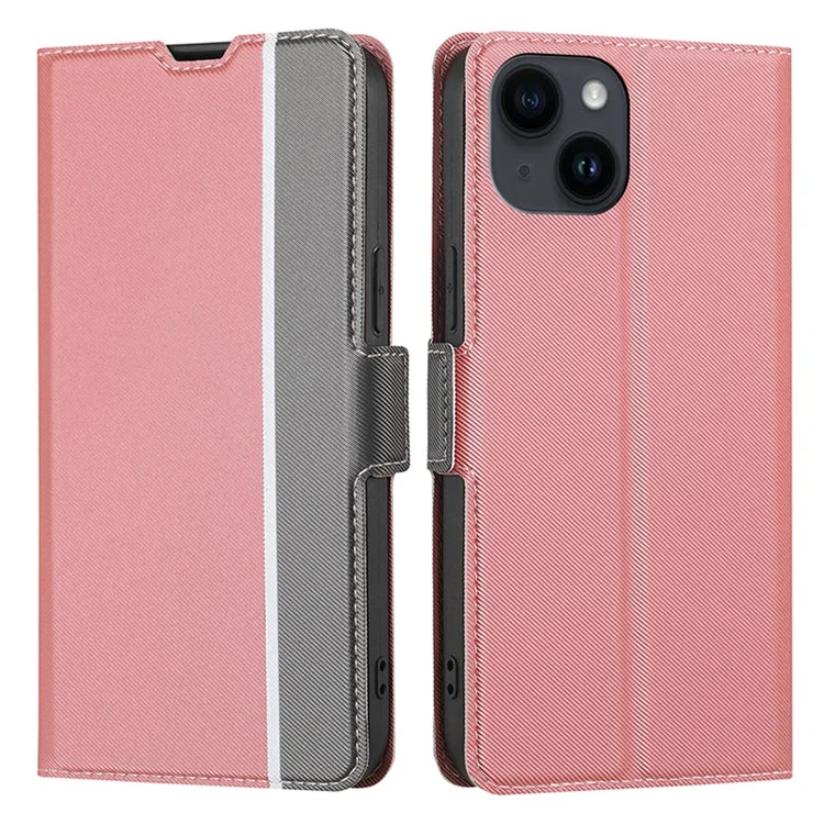 For iPhone 15 Stand Anti-Scratch TPU+PU Leather Case Twill Texture Phone Cover Card Holder Shell - Pink